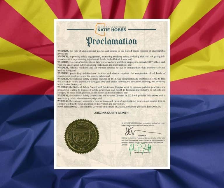 National Safety Month proclamation in front of the Arizona state flag.