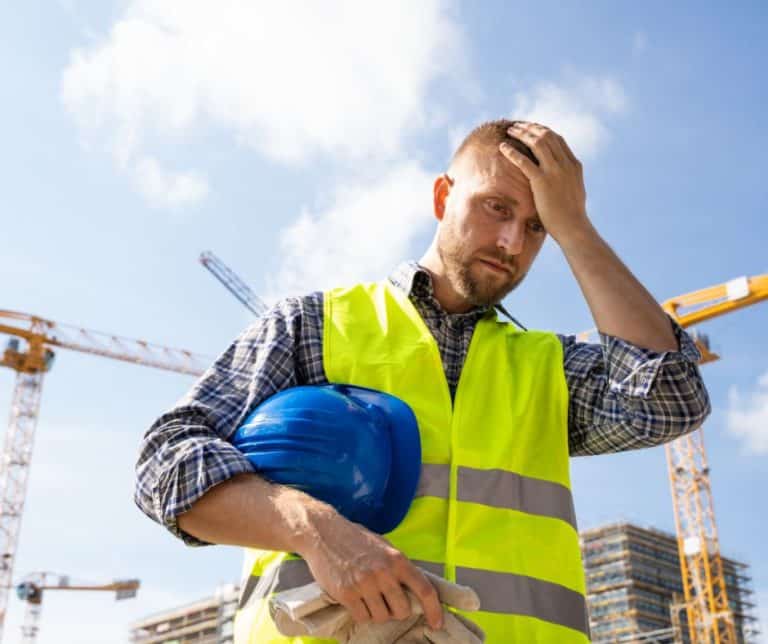 construction worker with hand on forehead
